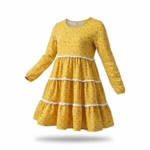 Serendipity Girls Yellow Floral Tiered Dress Button Sleeves Size XL 9 10